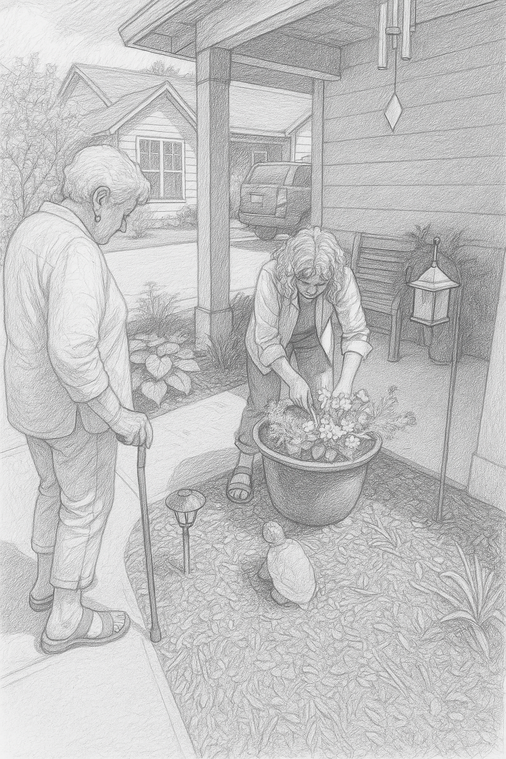 grandmother directing the planting of flowers