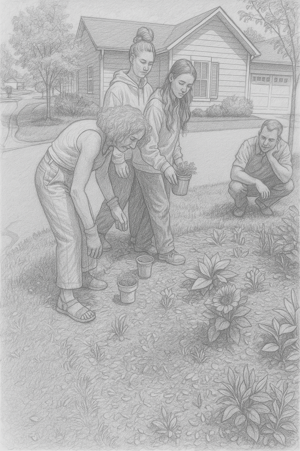 grandchildren planting flowers