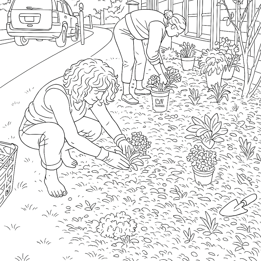 two women planting flowers