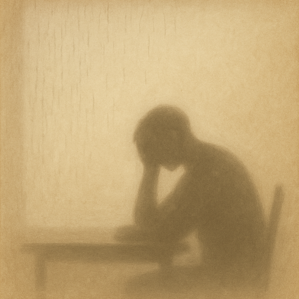 figure sits at table, head in hands